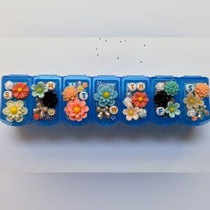 Hand Crafted Floral Weekly Pill Organizer - Blue, Orange, Yellow
